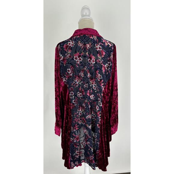 Dor Dor Couture Velvet Floral Long Sleeve Button Up Tunic Shirt Womens Large - Picture 1 of 11